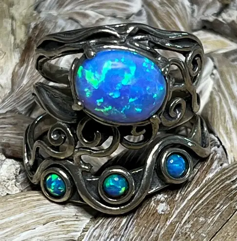 Israeli Artisan Blue Opal Ring in Silver Setting