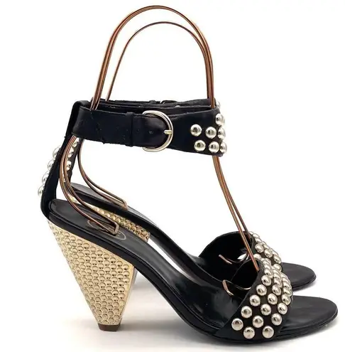 Ash Gold Studded Black Leather Ankle Cuff Heeled Strappy Sandals Size 38 | US 7