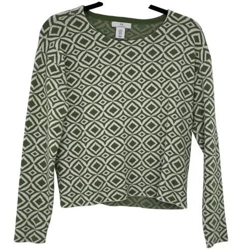Halston Women's Olive Green Geometric Pattern Long Sleeve Knit Sweater Size XS Size M