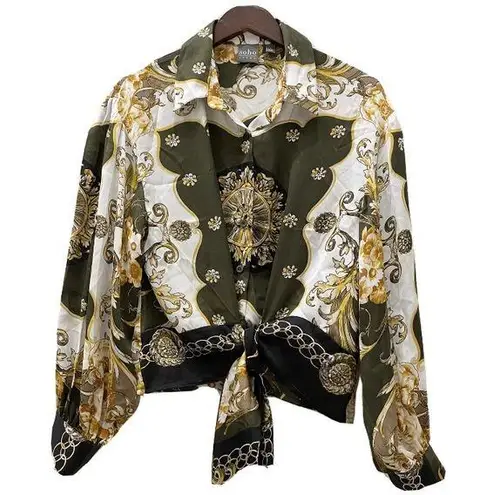 Soho NYC Green/Gold Scarf Print Front Tie Blouse S
