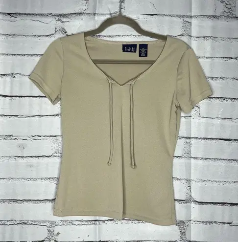 Hillard & Hanson Cream Fitted Tie Front T-Shirt V-Neck Drawstring Neckline SZ XS