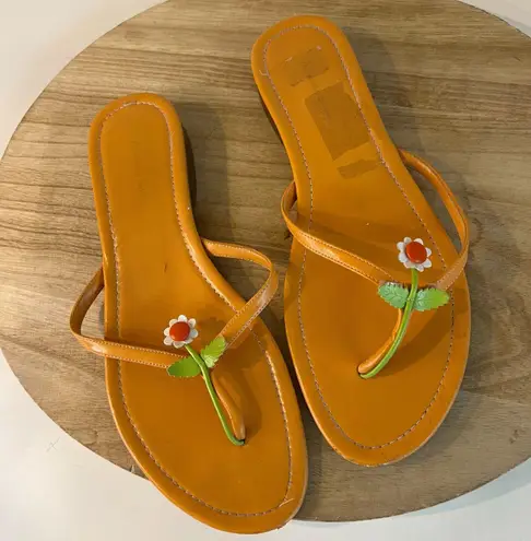 Amanda Smith Floral Embellished 90s Orange Leather Thong Sandals Size 8.5