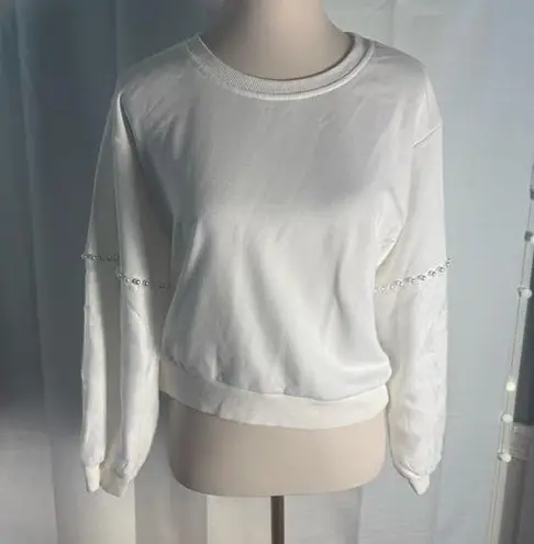 Cloud Ten White Cream Crop Long Sleeve Sweatshirt with Pearl and Tulle Sleeves Large
