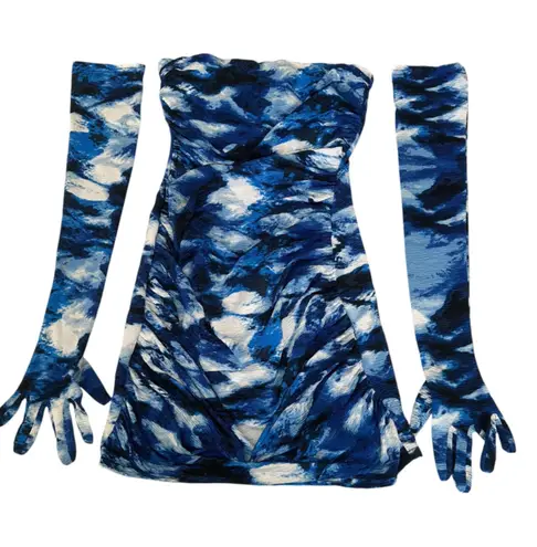 Miscreants Blue Abstract Strapless Mini Dress Gloves US 4 Seen On Bel