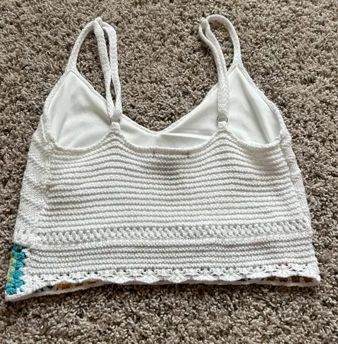 Forever 21 White Multi Colored Crochet Crop Tank Top W/ Adjustable Straps