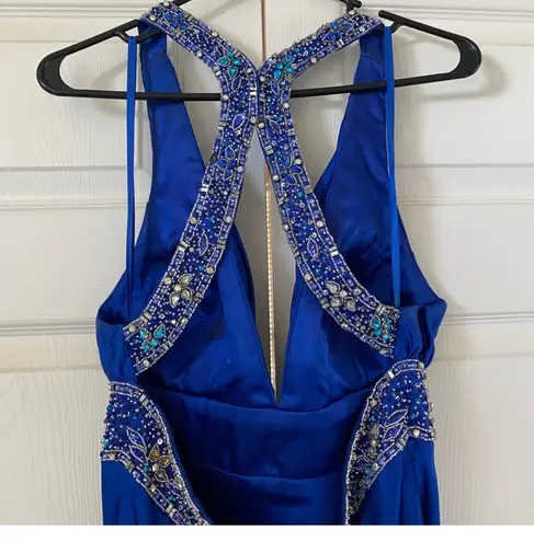 Cache Caché Blue Beaded Prom Dress Open Backed