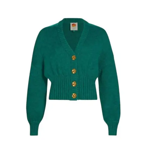 Farm Rio Emerald Green Bubble Sleeve Gold Button Up Cardigan Sweater