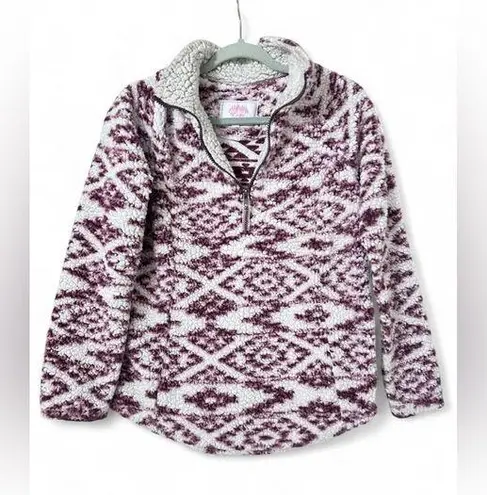 Cozy Sherpa Pullover Women’s Size Small Burgundy & White Aztec Print