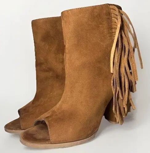 DV Dolce Vita Boots Womens 7.5 Fringe Booties Brown Leather Peep Toe Heeled Boho Tan