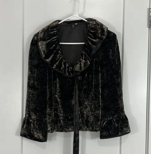 Tahari  Small Dark Brown Velvet Ruffle Bell Sleeve Silk Sweater Jacket Shrug