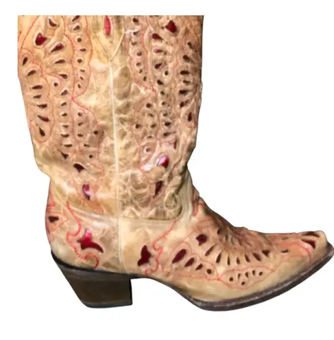Corral Vintage Ant Saddle Red Butterfly Inlay Leather Boots Women's Size 8.5 Brown