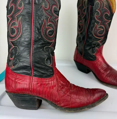 Vtg Nocona Red Black Lizard Leather Westerm Cowgirl Boots Sz 7B
