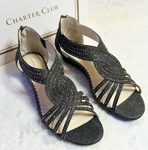 Charter Club Pewter Rhinestone Embellished Strappy Wedge Sandals Size 7.5