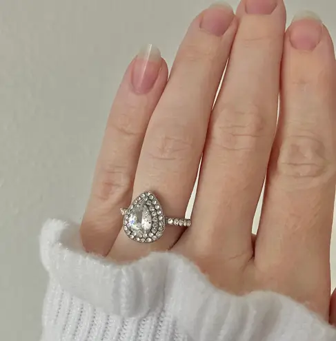 Silver Pear Double Halo Pave Ring “Sigyn” Teardrop Clear Engagement Promise Jewelry