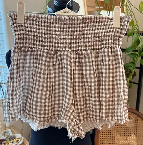 Urban Outfitters  Out From Under Taupe Check Gauzy Cotton Smocked Waist Shorts - Image 1