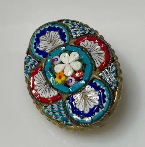 Antique 1920s Italian Micro Mosaic Floral Brooch β Oval, 1.25β Red