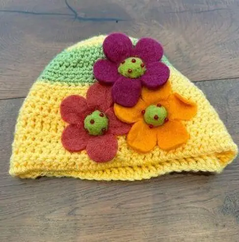 Handmade  Crochet Striped Hat Y2K Applique Flowers Yellow Twee Retro Adult