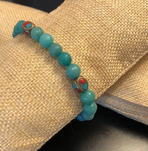 Faceted Jade Bead Bracelet w Bronze Accent Beads w Coral & Turquoise Inlay
