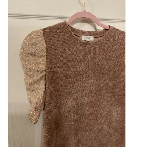 THML Short Gathered Puff Sequin Sleeve Brown Chenille Sweater , S