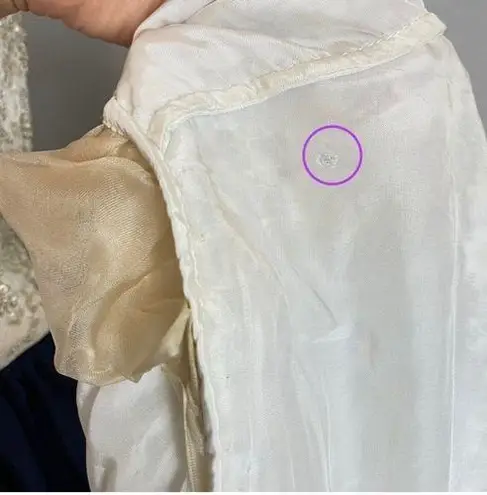 Vintage 1970s Beaded Dress Silk Couture Jacket Lace Elegant Navy White Scalloped Size 14