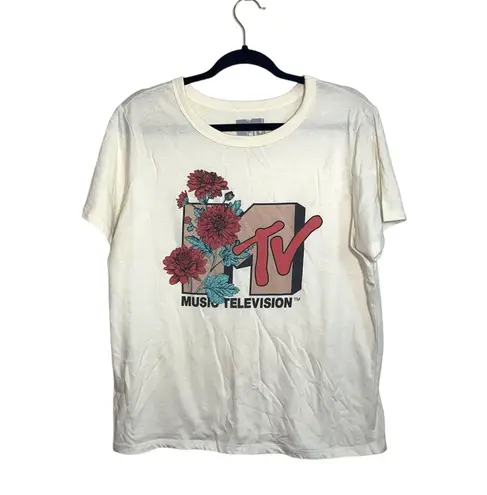 MTV Brand MTV Ivory White Floral Print Short Sleeve Crop Graphic Tee
