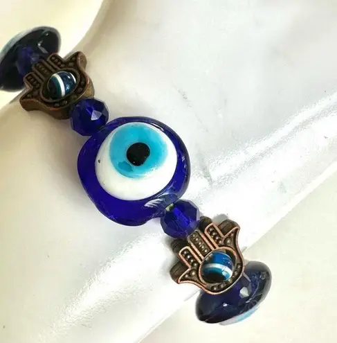 Glass evil eye hamsa stretchy bracelet Blue
