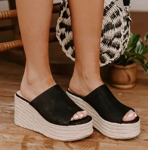 Soda Black Faux Suede Espadrille Wedge Sandal