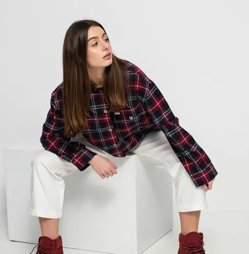 Brixton Bowery Flannel Plaid Cropped Shacket Jacked Shirt XS Pink