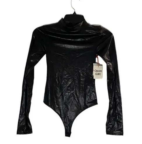 Open Edit NWT  black faux leather mock turtleneck bodysuit size  XXS