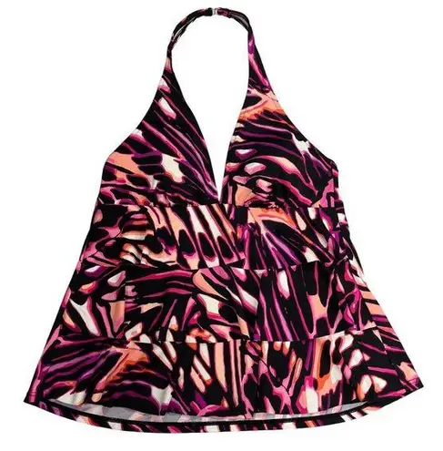 Caribbean Joe  Ruffle Halter Top Tankini Bathing Swim Suit Black Pink 14