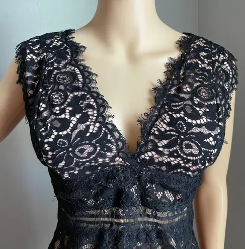 Just Me Black Lace Over Nude Sleeveless Plunging Neckline Mini Dress