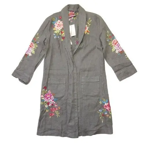 Johnny Was NWT Amara Heavy Linen Coat in Shale Floral Embroidered Open Jacket S