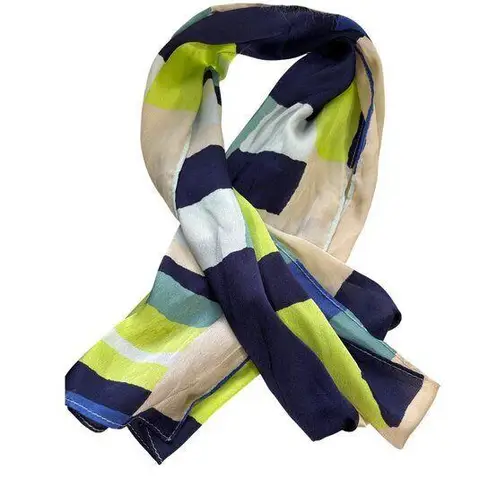 Silk Blend Geometric Print Scarf 12" X 66" Multicolor Stripe Pattern Vintage Green