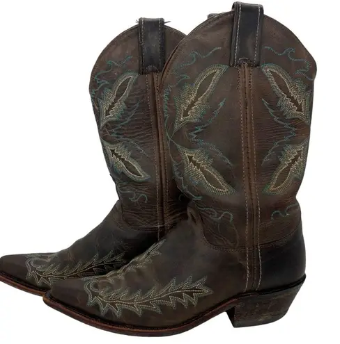 Justin Boots Justin Western Distressed Leather Cowgirl Boots Womens Turquoise Embroidered