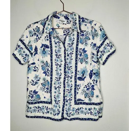Yumi Kim Blue White Button Down Short Sleeve Carly Linen Top Size Medium