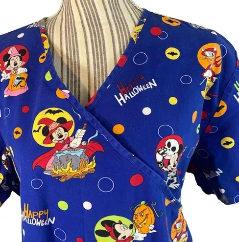 Disney  Blue Mickey Mouse Halloween Wrap Tie Back Scrub Medical Top Women Sz XL