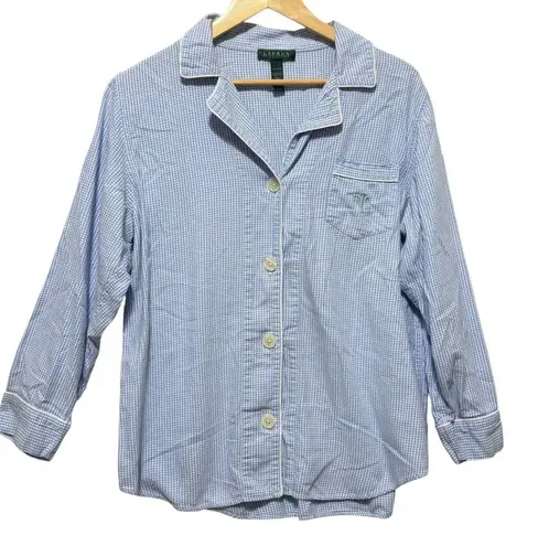 Lauren Ralph Lauren Women Pajama Top XL Blue Gingham Cotton Comfy Sleepwear Logo Size undefined