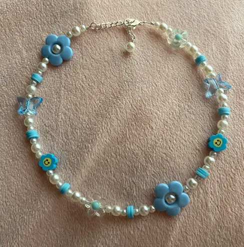 Pastel Blue Flower Butterfly Smiley Pearl Kawaii Y2k Style Beaded Choker Necklace.