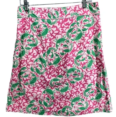 L.L.Bean  Skirt Womens 8 Pink Green Crab Lobster Print Pockets Lightweight Resort