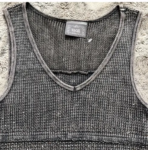 Vocal gem/sequin mineral wash blue gray tank top