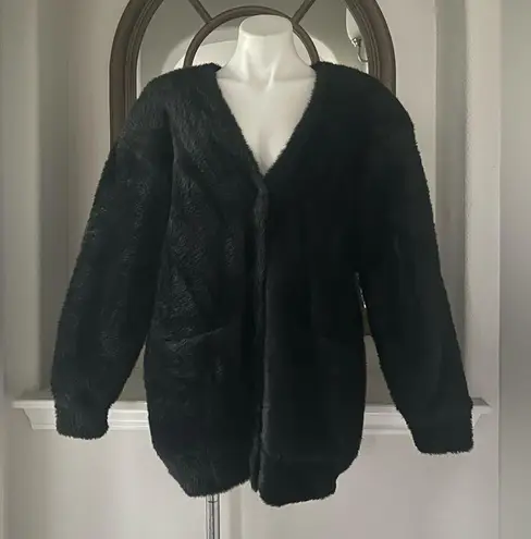 Alexander Wang New V-Neck Faux Fur Cardigan w/Quilted Lining in Black Size L NWT
