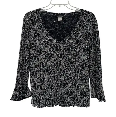 Vtg Y2K Brittany Black Embroidery Crystal Top Sz XL Glam Holiday Mesh Whimsigoth