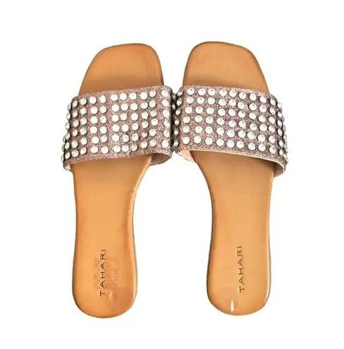 Tahari Lindona Rhinestone Studded Bling Slide Sandal 10 Faux Leather Stunning