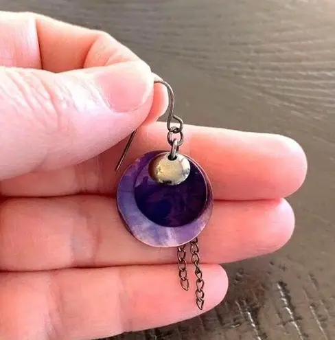 Dangle Earrings Purple Iridescent Shell and Chain