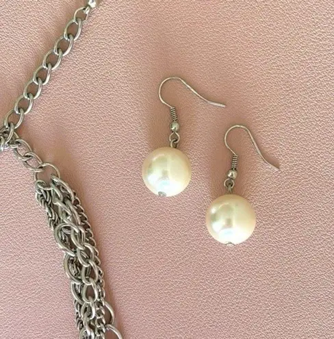 Pink & Cream Colored Tulle Flower Statement Necklace Set w/ Pearl Drop Earrings