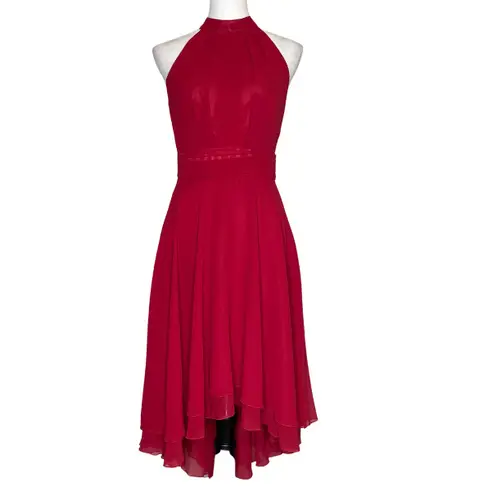 iEFiEL Burgundy Sleeveless Halter Neck High-Low Flare Evening Party Dress Sz 4