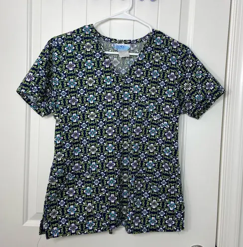 Sb Scrubs EUC women’s green navy floral print v-neck tie back pocket scrub top