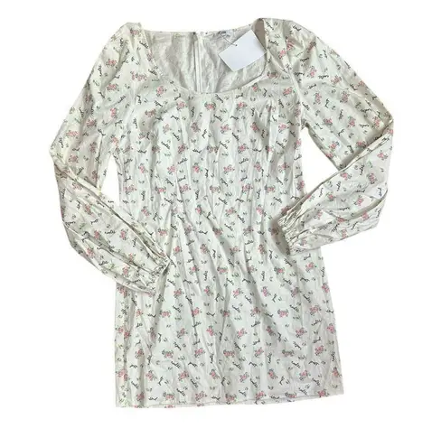LPA Revolve Dress Send Nudes Floral Print White Linen Puff Sleeve Mini Dress XL