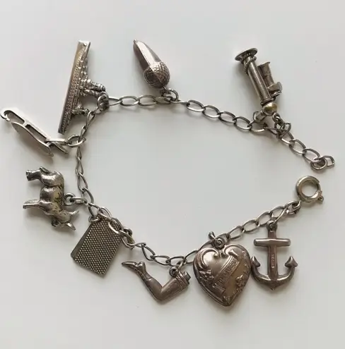 Vintage Sterling Silver Charm Bracelet, Heart Anchor Skates Ship, 7 Inch