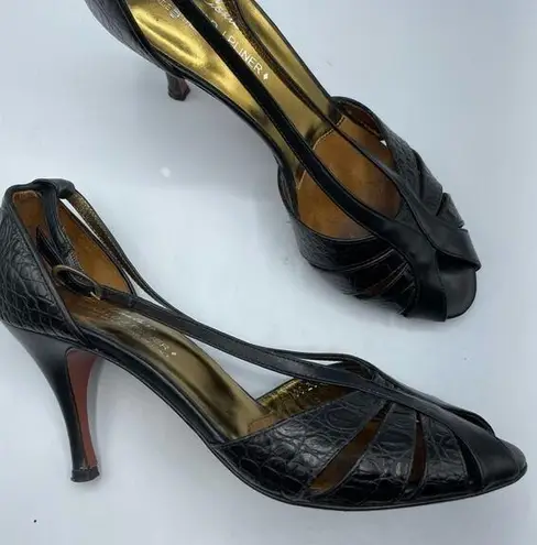 Donald J Pliner Black Leather Croc Embossed Womens Heels 7.5 Dressy Shoes Formal